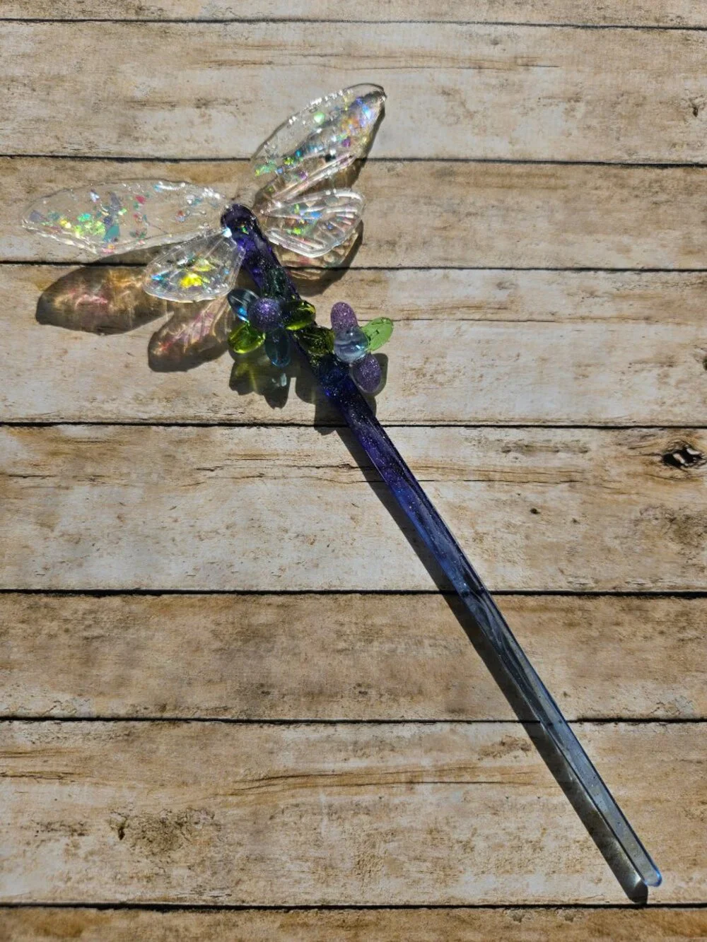Handmade Resin Hair Stick Dragonfly Wings Flowers Violet Blue Glitter
